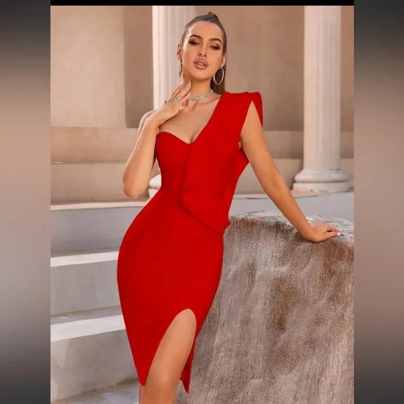 ADYCE One Shoulder Exaggerated Ruffle Trim Split Thigh Hem Bandage Dress - Picture 5 of 6